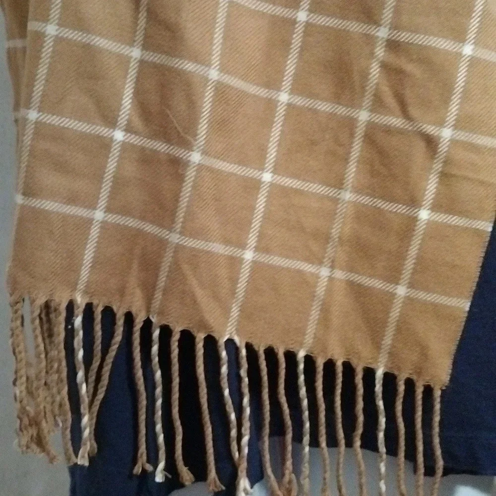 Lands End Unisex Rectangle Oblong Tassel Multifunctional Scarf Khaki Tan White